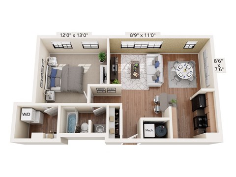Floor plan for 1 bed, 1 bath, 606 sqft